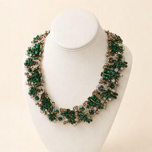 Vintage Emerald Green Rhinestone Statement Bib Necklace Gold Tone Couture